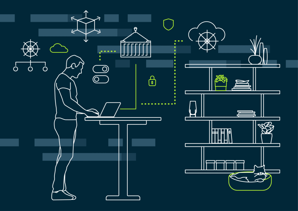 Illustration: Mann am Schreibtisch mit Laptop, Regal, Katze – Symbol für einfache Einrichtung und Nutzung von xCloud Container, einer Nutzung von virtuellen Kubernetes Containern.